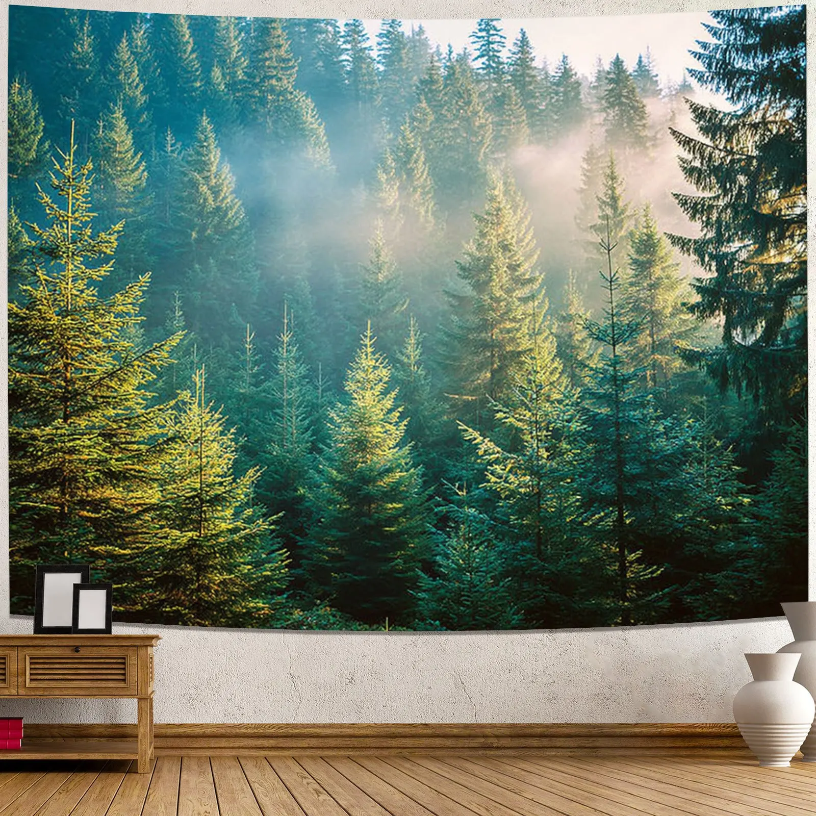 Tapiz Bohemio de Bosque Verde para Pared - Tapiz Horizontal Verde y Follaje, Tela Ligera de Poliéster Ideal para Dormitorio, Dec