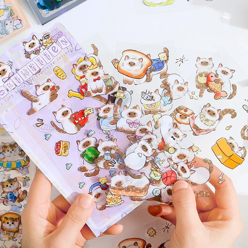 Adorable Kawaii Kitty Waterproof PET Sticker Set, Children’s Cross-Border Craft for Journals & Hand Account Decor