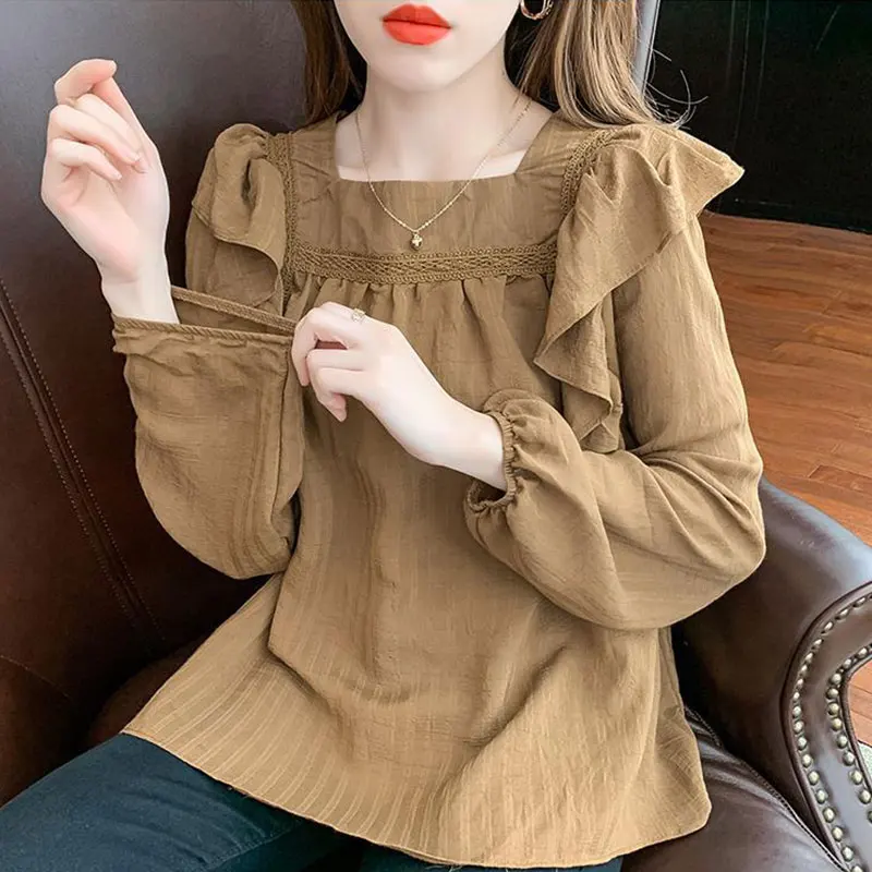 Women\'s Autumn Fashion Simplicity Solid Color Square Collar Long Sleeve Chiffon Shirts Women Clothes All-match Casual Loose Tops