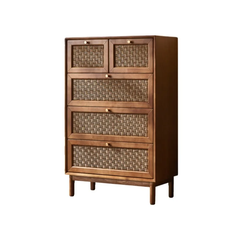 Solid wood rattan four chest cabinets, simple modern medieval art dining side drawer storage cabinets
