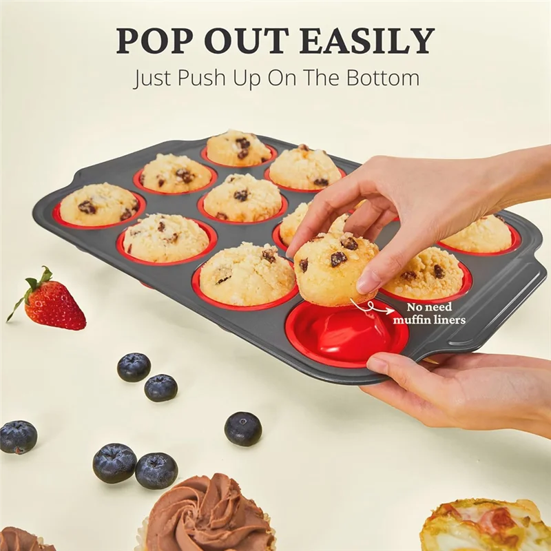Forma de muffin de silicone com estrutura de metal, moldes de silicone para fazer mordida de ovo para assar, panelas de cupcake 12 tamanho regular-AT64