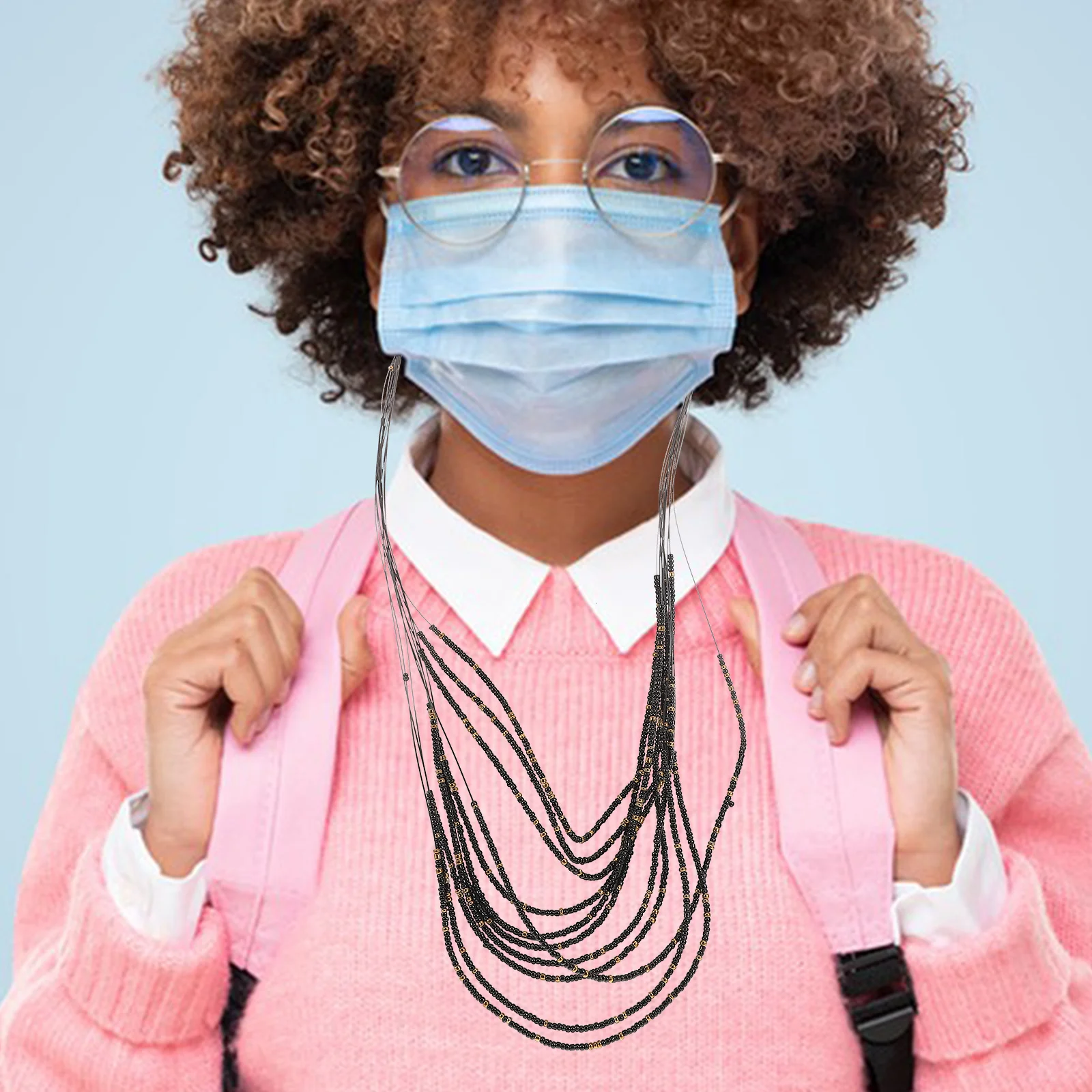 

2Pcs Boho Mask Chain Necklace Multi-Layer Handmade Colorful Rice Beads Layered Strand Necklace for Women Vacation