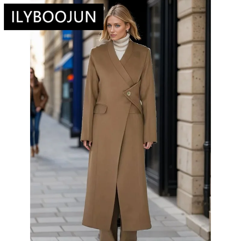 ILYBOOJUN Solid Spliced Button Windbreaker For Women V Neck Long Sleeve Irregular Temperament Long Coats Female Fashion New