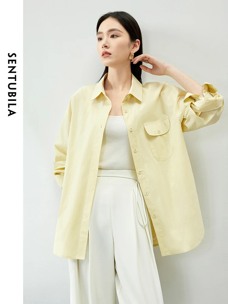 SENTUBILA Pure Cotton Oversized Shirt Women 2024 Spring Autumn Casual Fashion Button Up Shirts Blouses Woman Clothes 141C53811