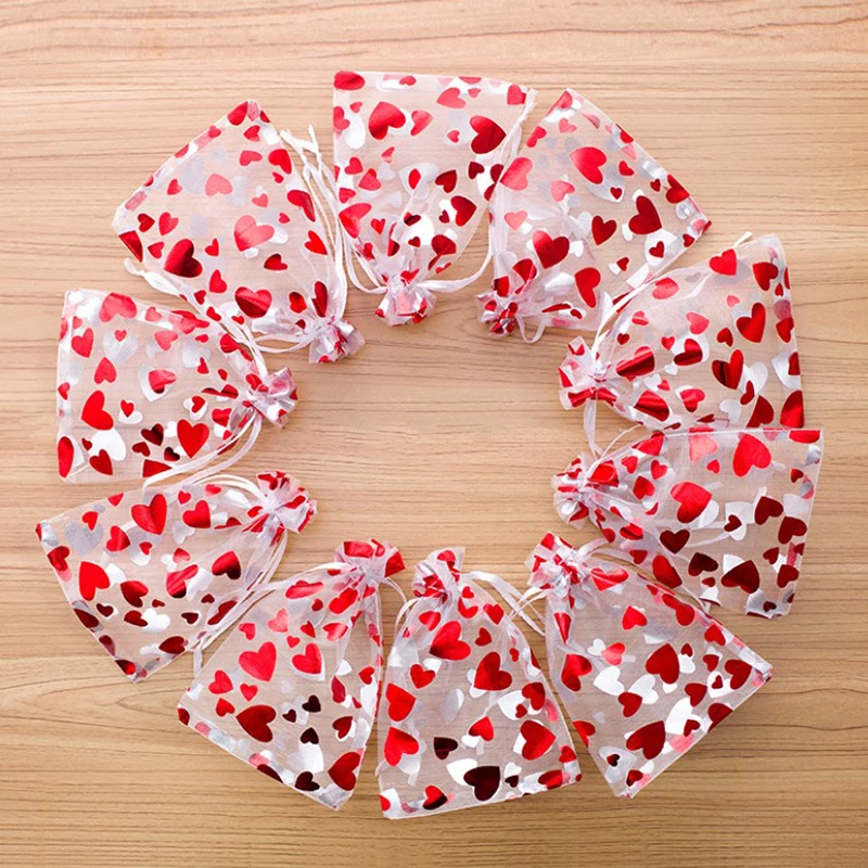 

Red Love Heart Organza Bags Wedding Party Gift Candy Drawstring Bag Christmas Valentines Day Jewellery Pouches Display