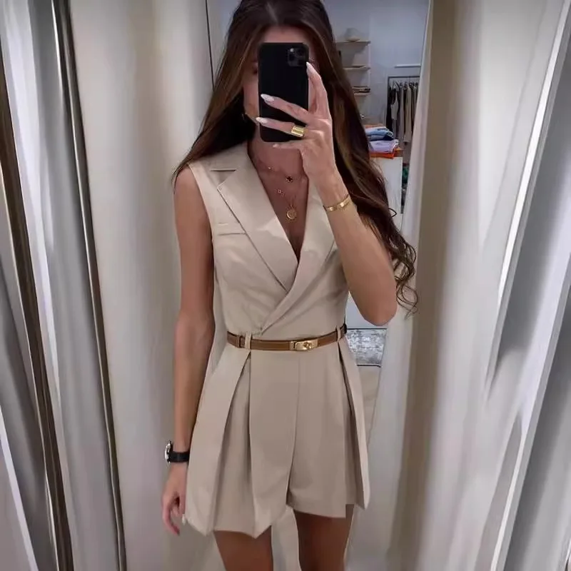 Elegant Women's Jumpsuit With Belt Fashion Sleeveless Turndown Collar Slim Short Jumpsuits Female Sping Summer Romper