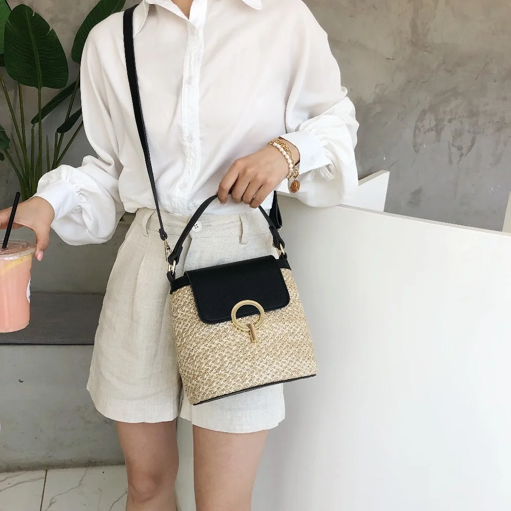 Small Straw Bucket Bags For Women Summer Crossbody Bags Lady Travel Purses And Handbags Female Shoulder Messenger Bag Bolsa