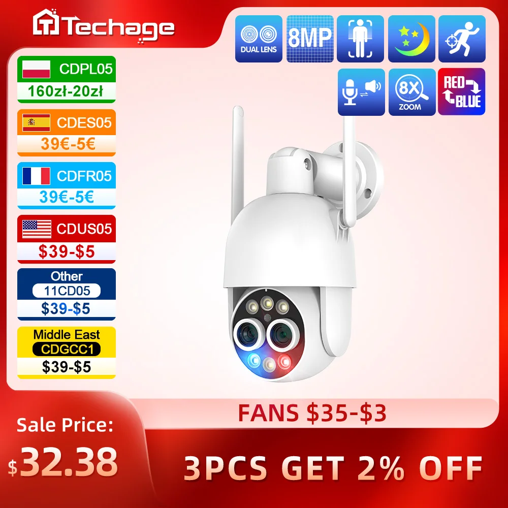 Techage PTZ 4K 8MP WIFI Camera 8X Zoom Wireless IP Camera Dual Lens Two way Audio Color Night Vision Human Detection ONVIF