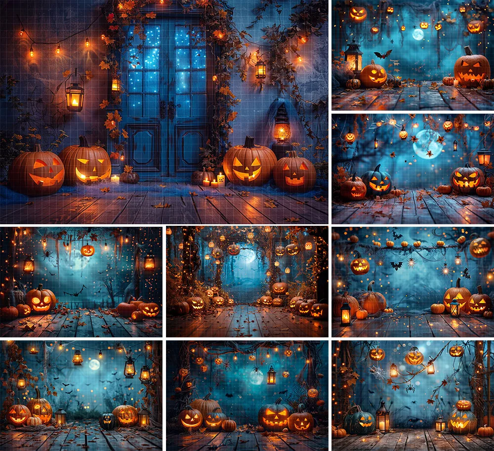 

Halloween Day Spooky Backdrop lanterns Cobwebs Creepy Vanity Filled Wicked Eerie Evil Scary Dark Night Forest Background OA-03