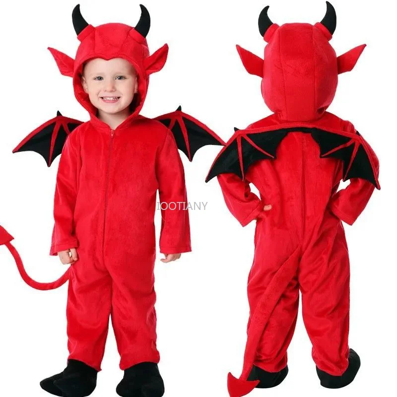 2024 Children's Little Devil Satan Cosplay Costume Boys And Girls Role Play Cute Imp Bat Costume Halloween Vampire Show Outfits