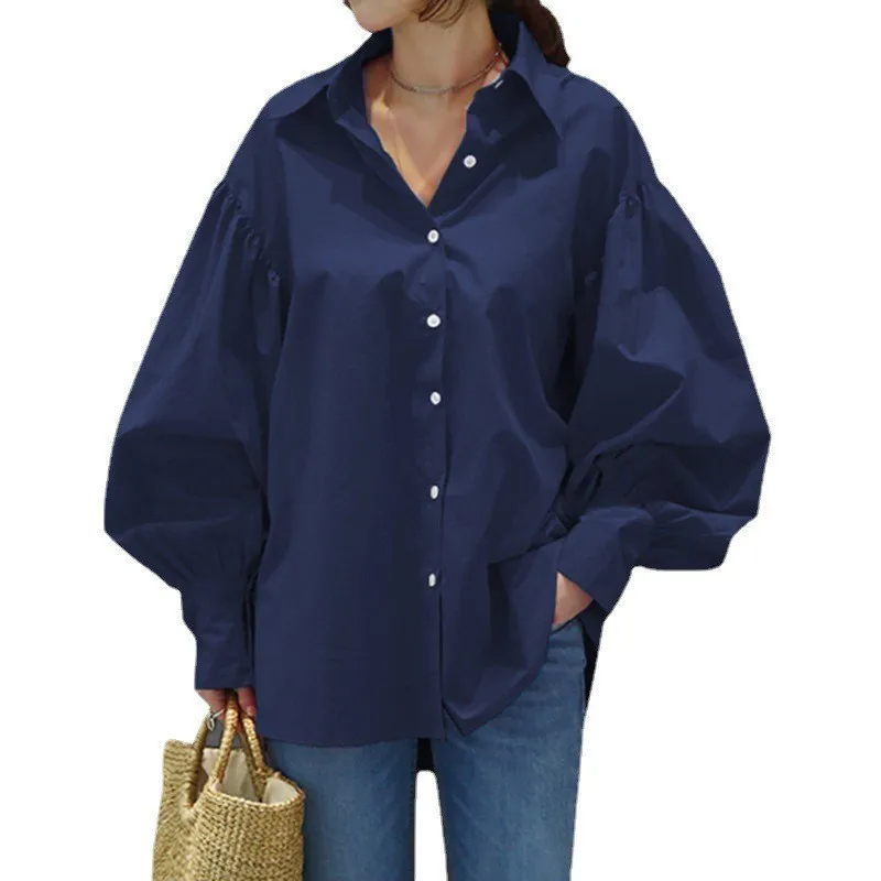 New Autumn Large Size Casual Shirt 8XL 7XL 6XL Fashion Lady Lantern Sleeve Lapel Retro Solid Color Single-breasted Shirt