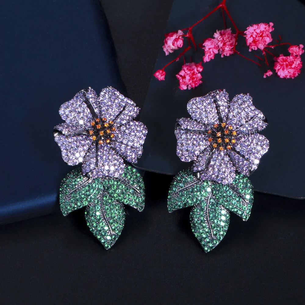 

ThreeGraces Trendy Purple Green Cubic Zirconia Big Flower Leaf Dangle Earrings for Women Wedding Party Jewelry Accessories E1798