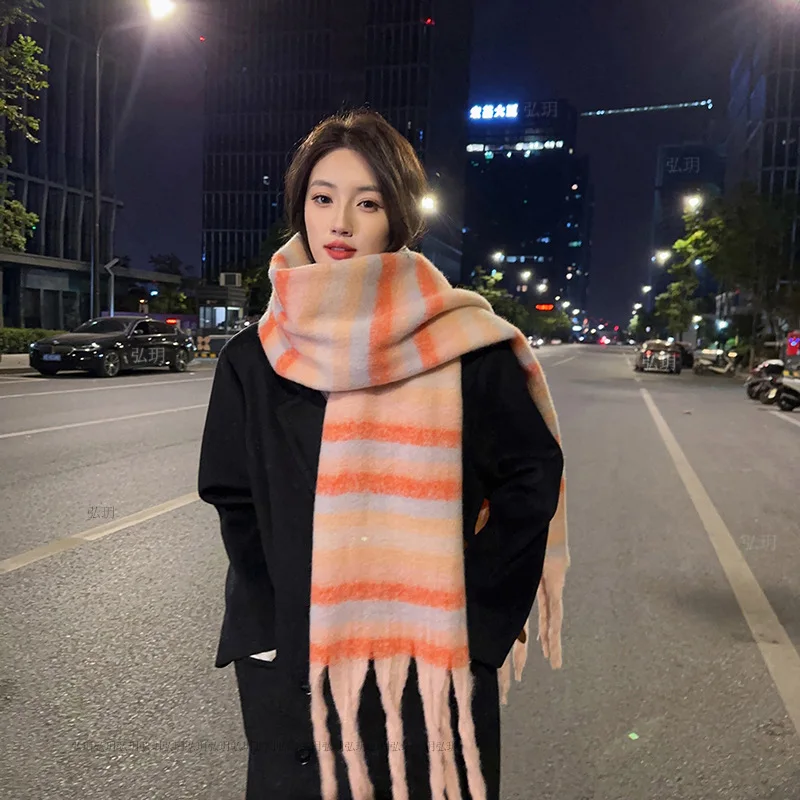 Winter Scarf for Women Cashmere Warm Striped Pashmina Blanket Wraps Female Thick Soft Wear Tassel Shawl Long Poncho T422