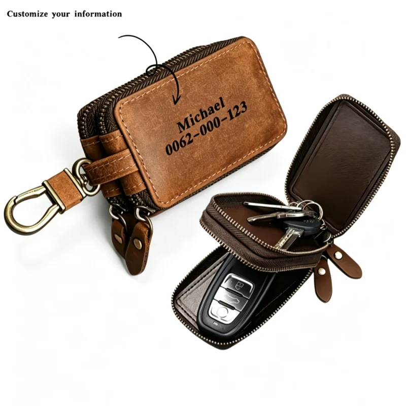 Custom Unisex Genuine Crazy Horse Leather Car Key Holder Dual-Zipper Wallet with Waist Looper Business Gift