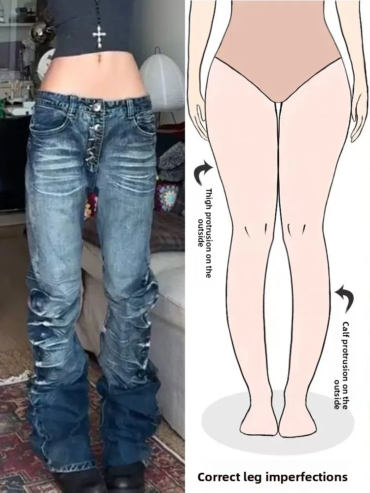 

Slim Fit Micro Flared Denim Jeans Women's American Street Style Ruffle Pleat Bootcut Pants Straight Leg Jeans Casual Wear