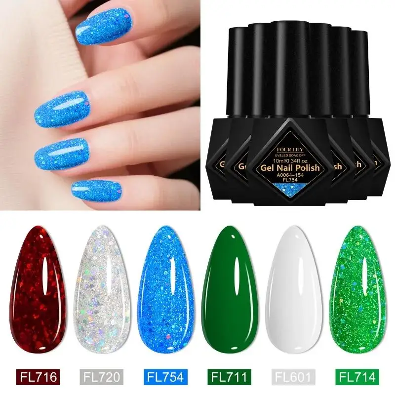 4pcs Christmas Color Gel Nail Polish Set 10ml Glitter Effect Semi Permanant Soak Off UV Gel Varnish Manicure DIY Nail Supplies