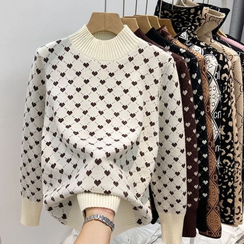 

Sweet Casual Knitting Long Sleeve Half Turtleneck Pullovers 2024 Winter Korean Fashion Women Jumpers Print Retro Sweater