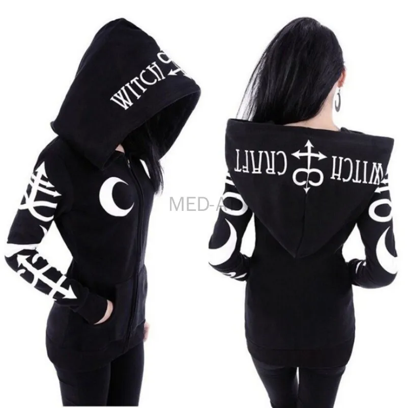 Hallween Witch Jackets Women Gothic Voodoo Print Moon pattern Slim Fit Autumn Coat Wizard Cosplay Medival Steampunk Hooded Jacke