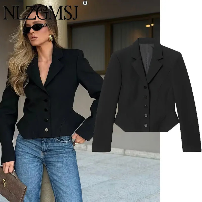 

Nlzgmsj 2026 SpringVintage Chic Short Blazer Women High Street Fashion Slim Shoulder Padded Lady Elegant Jacket