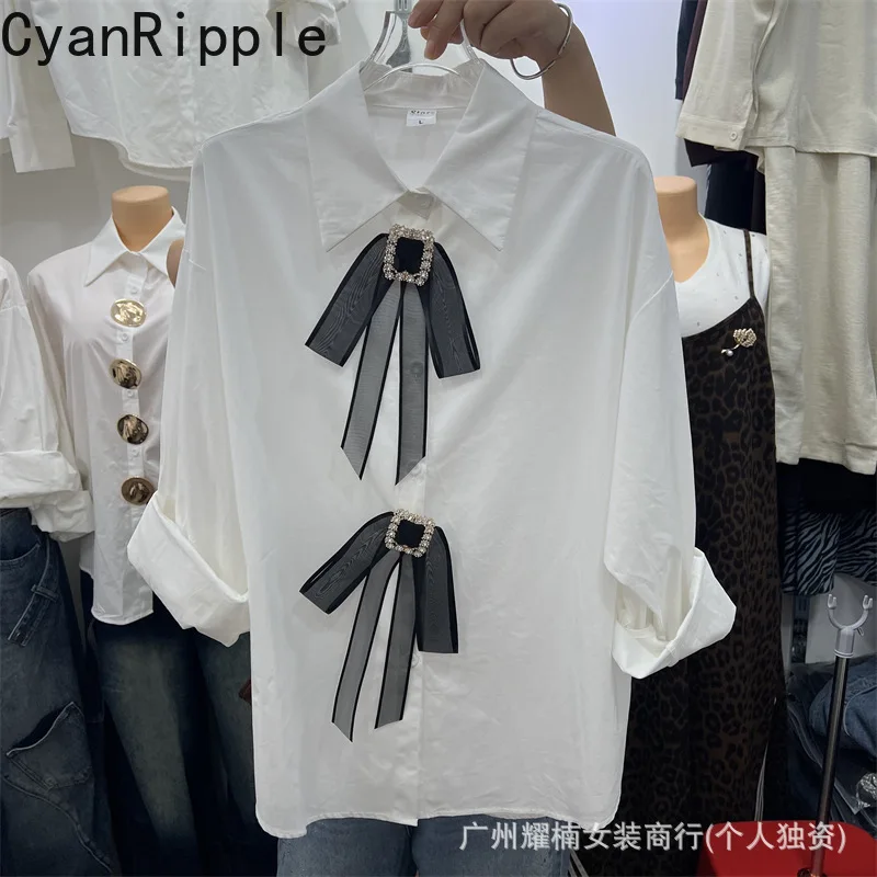 Fashionable New Spring Autumn White Long Sleeve Women Shirts Metal Buckle Cotton Cardigans Top All-match Casual Female Blouses