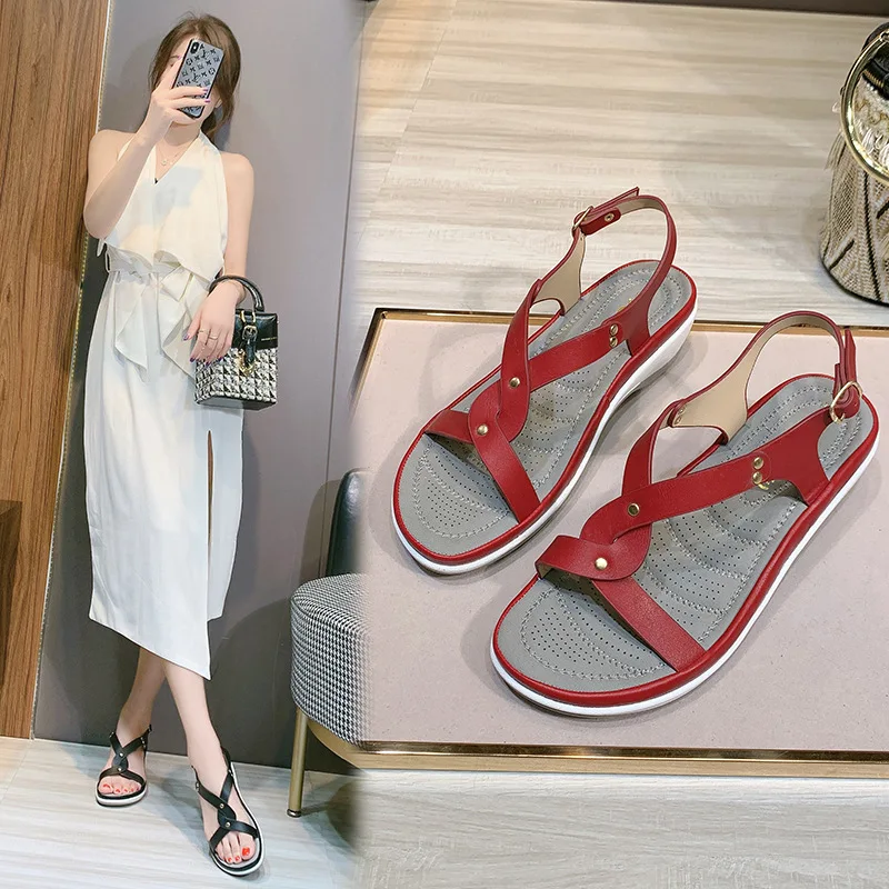 New Women Sandals Bohemia Mid Heels Wedge Sandalia Buckle Woman Shoes Casual Solid Ladies Comfortable Beach Shoes Large Size 42