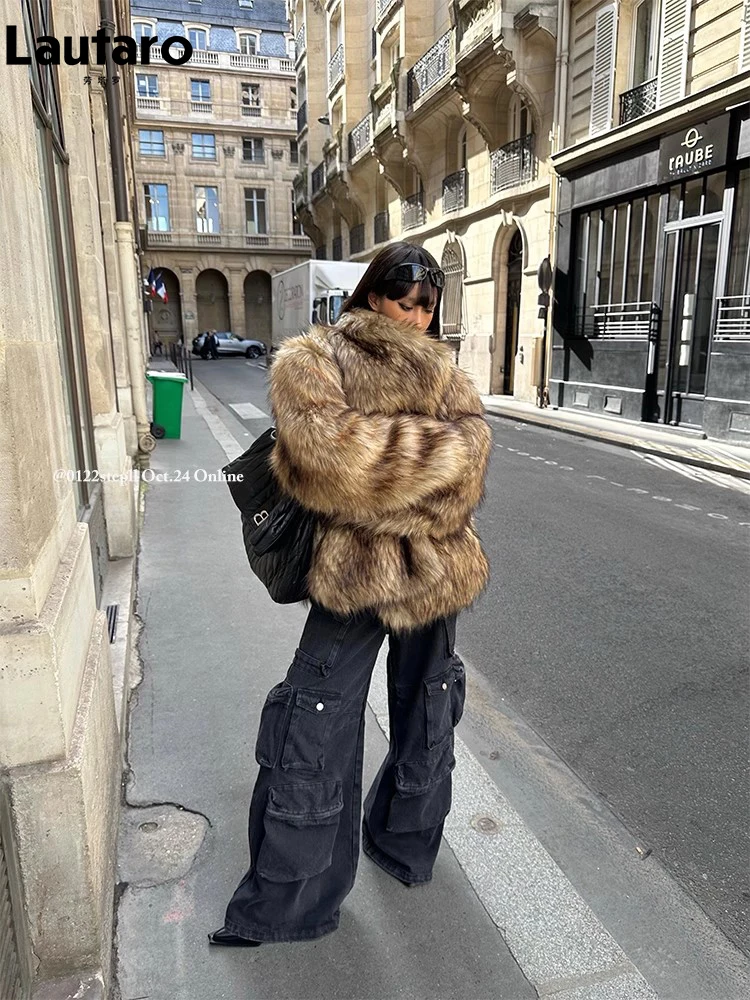 Lautaro Autumn Winter Oversized Thick Warm Hairy Shaggy Faux Fur Coat Women Luxury Designer Clothes European Fluffy Jacket 2023