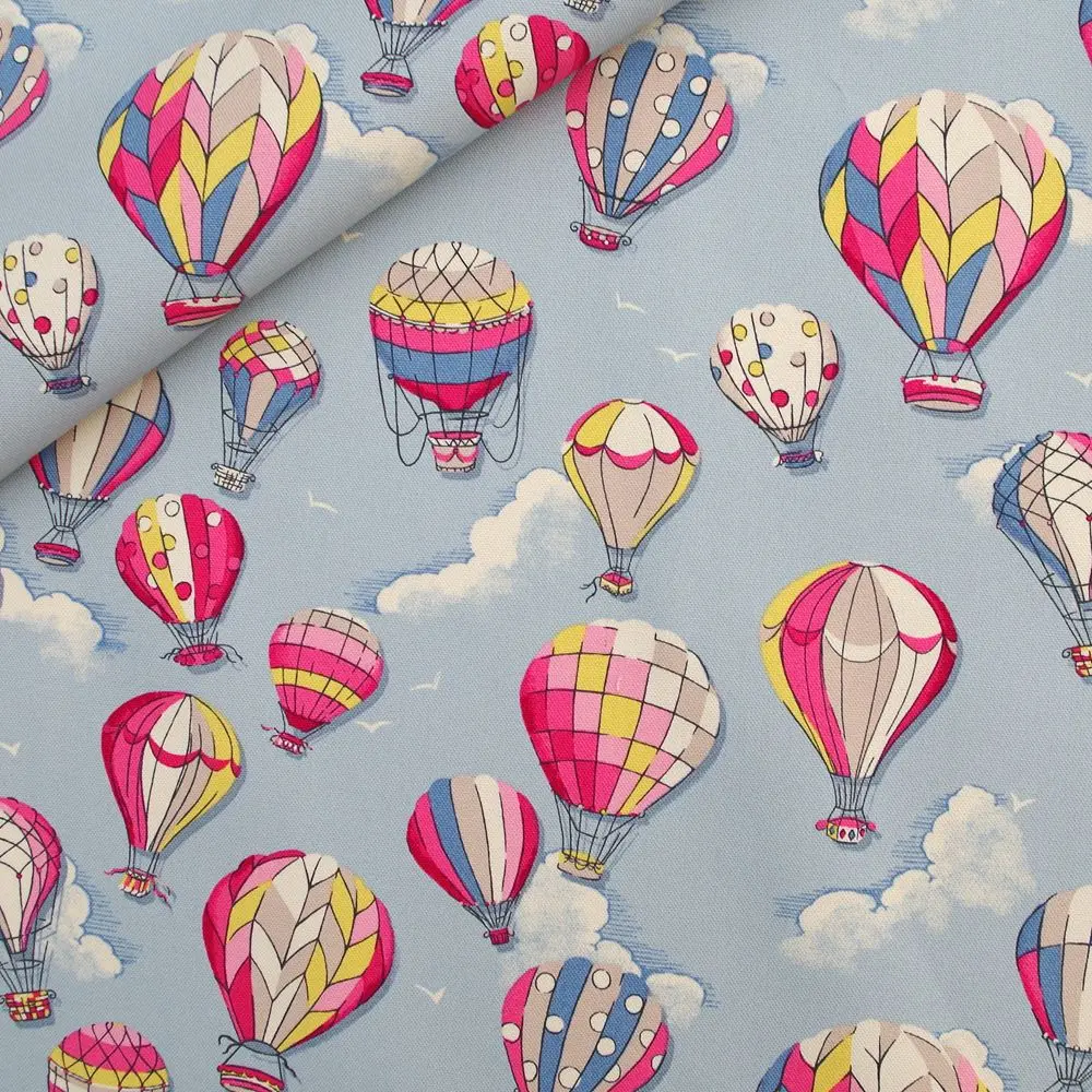 1 Yard Cotton Canvas Fabric For Cloth, Bag, Bedding, Hot air ballon on grey background, Width=140cm