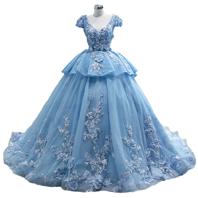 Vestido Quinceanera com decote profundo luxuoso, Vestido azul, Apliques vestido de baile, Vestidos De Noiva, Floral Lace Tiered, Princesa Banquete