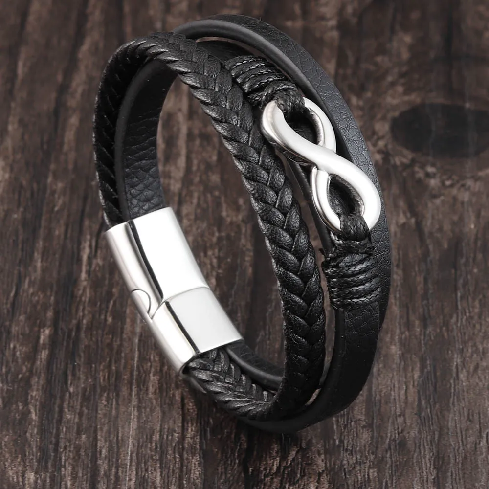 Infinite Stainless Steel 8 Jewelry Genuine Leather Charms Italian Matching Bracelet Men Nomination