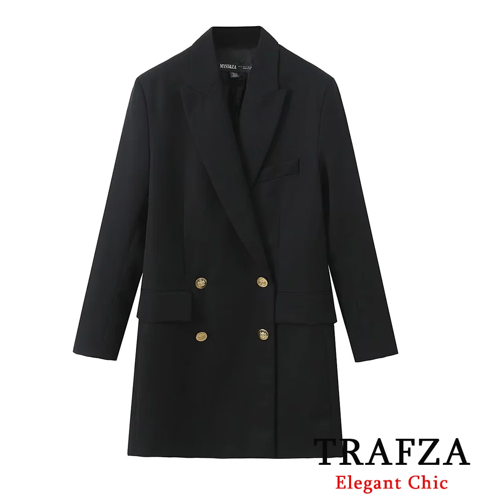 TRAFZA-Women Elegant Double-breasted Blazer Lapel Pockets Dinner Blazer New 2024 Spring Fall Fashion Commuter Classic Blazer