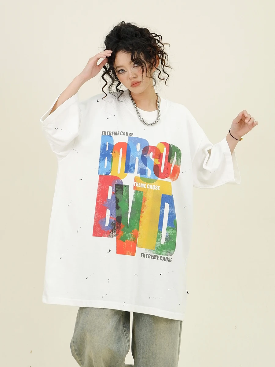 Distressed Splashed Rainbow Letter Short Sleeve T-shirts Women's Summer 2024 New Loose Bf Preppy Top