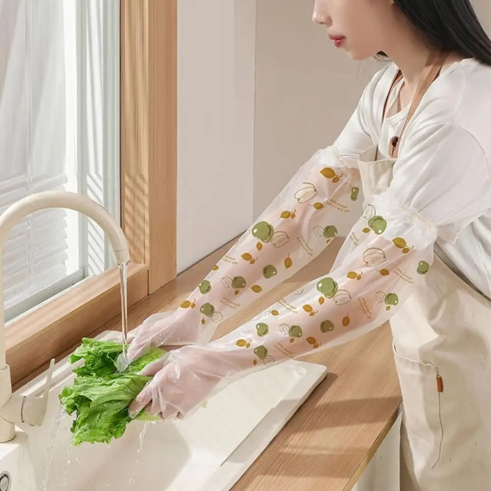 10Pcs CPE Disposable Gloves Print Extra Long Cleaning Long Gloves Non-Slip Kitchen Cleaning Tool Extended Housework Gloves