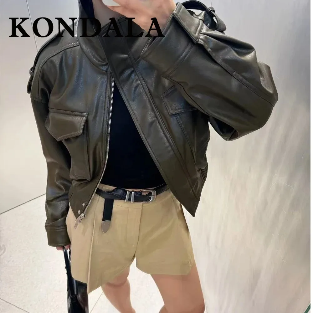 

KONDALA Chic Streetwear Solid Green Vintage Woman High Street Jackets Fashion 2025 Zipper Casual Pockets Loose Female Outwear