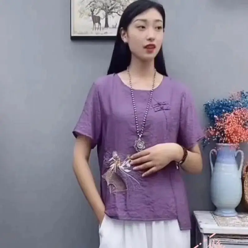 Vintage O-Neck Button Irregular Embroidery Blouse Women's Clothing 2023 Summer New Oversized Casual Pullovers Asymmetrical Shirt