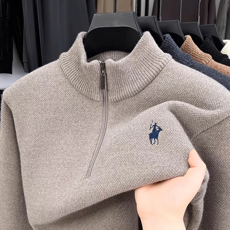 High Quality Velvet Winter Sweater Brand Classic Paul Pony Embroidery Mock Neck Men's Top Thickened Warm Casual Knitted Pullover