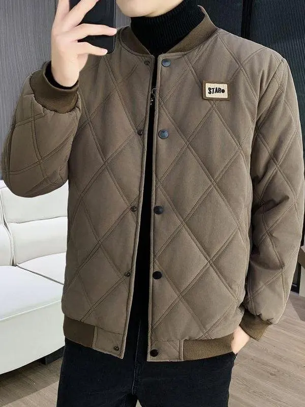 

Thiened Fce Baseball Jaet Loose Diamond Pattern Men's Cotton Coat Warmth Faionable Urban Sle Winter Outerwear