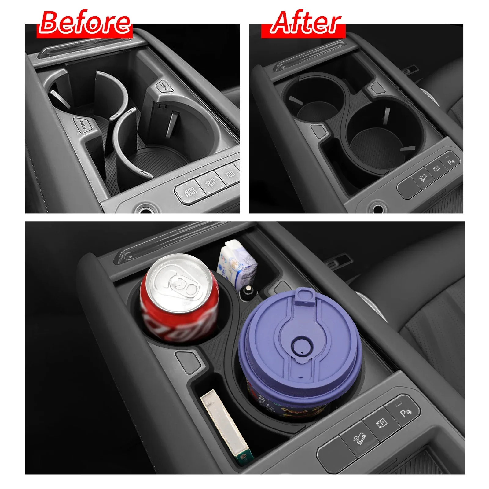 For KIA EV9 2024 2025 Center Console Cup Holder TPE Shock-Absorbing Drink Storage Tray Tidying Car Interior Accessories Black