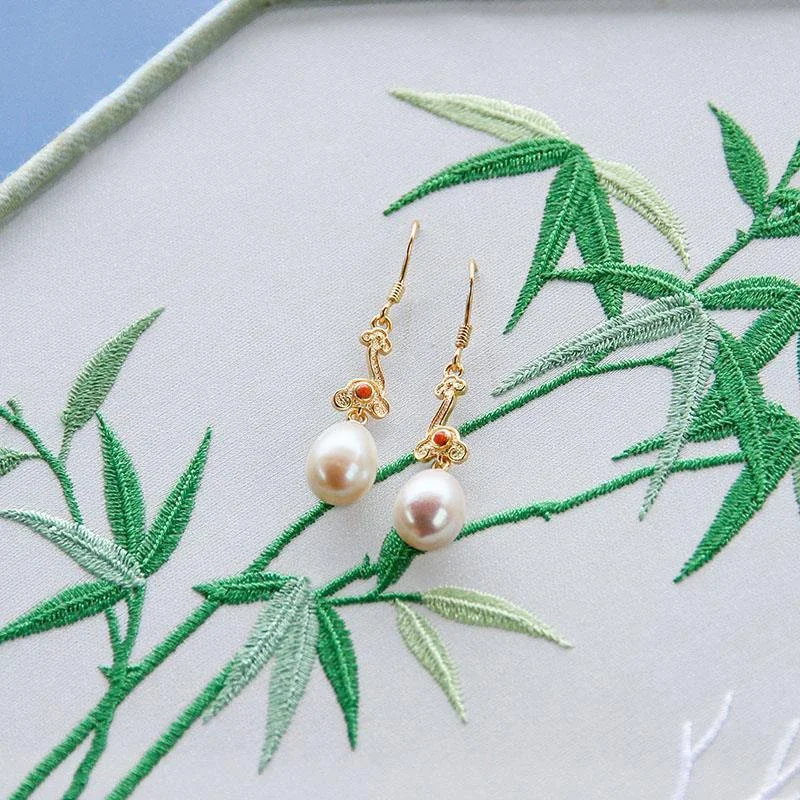 أقراط لؤلؤ نسائية على طراز البلاط بسحاب ميمون ، حرفة ذهبية قديمة رائعة وأنيقة ، مجوهرات خطوبة #3