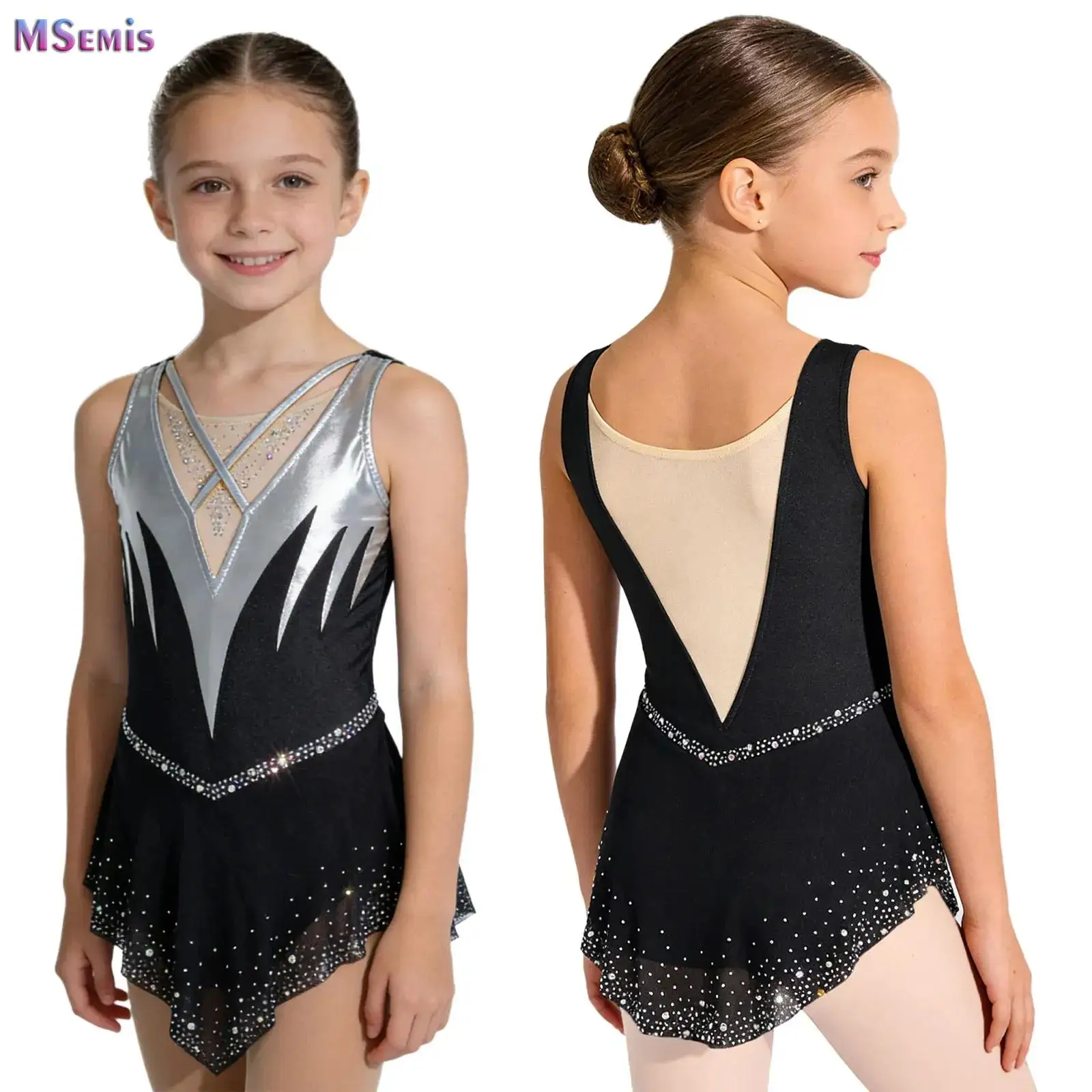 

Ballet Dance Wear Figure Skating Dress Kids Girls' Ice Asymmetric Hem Mesh Competition Costume Ballerina Tutu Tights Dress