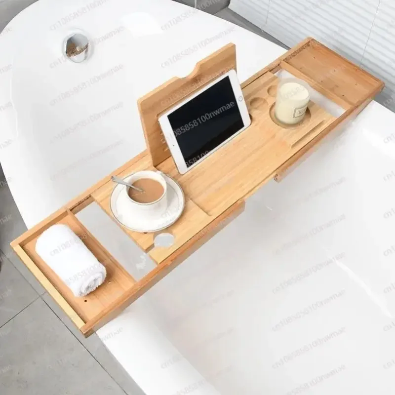 Extendable Bamboo Bathtub Caddy Tray Adjustable Bath Tub Shelf with Tablet Slot Bathroom Storage Organizer Rack