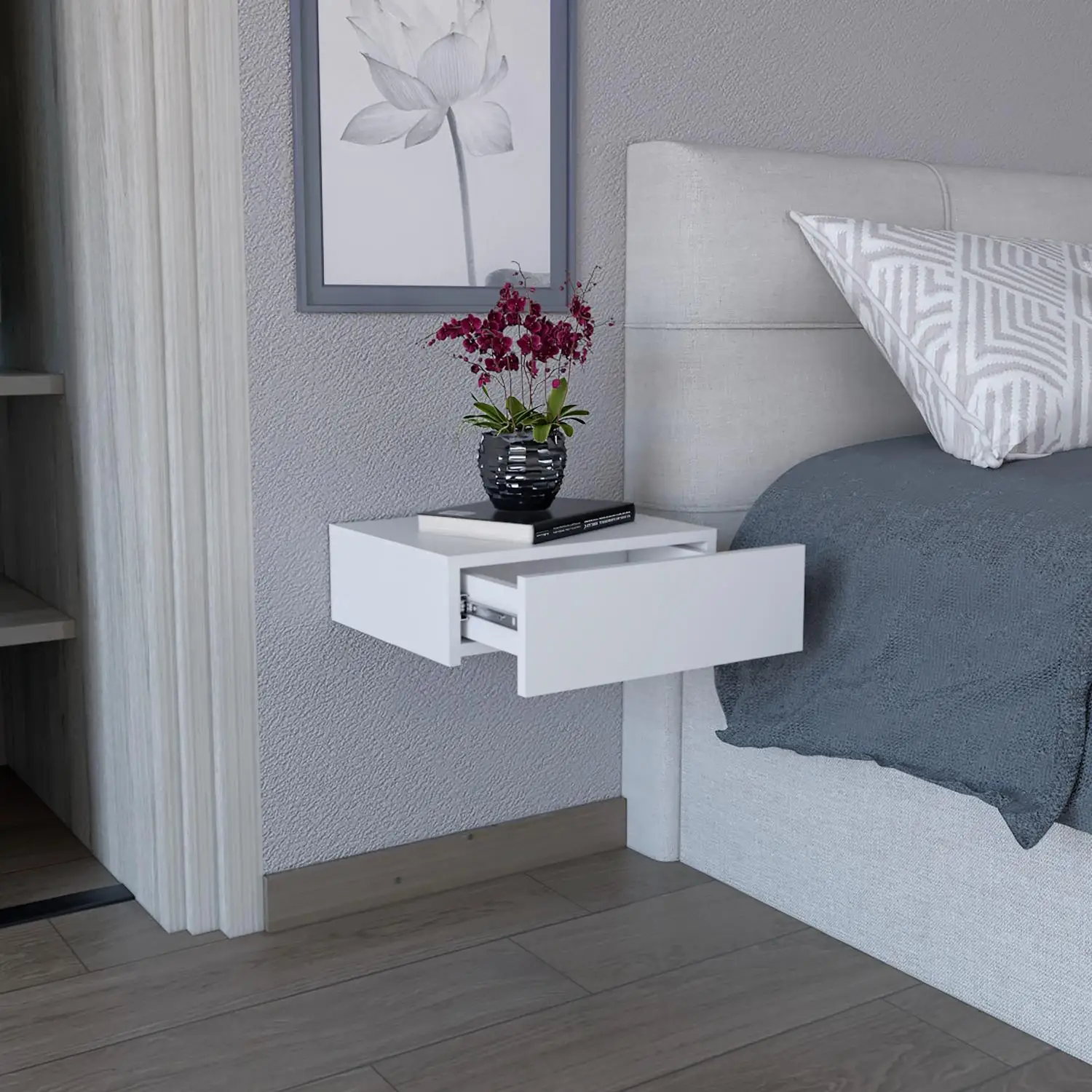 Milano Floating Nightstand, Wall-Mounted with Drawer White