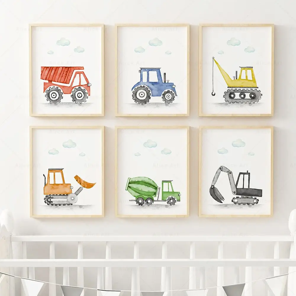 

Cartoon Construction Fire Truck Nursery Poster Print Canvas Painting Color Excavator Wall Art Picture Baby Bedroom Home Decor