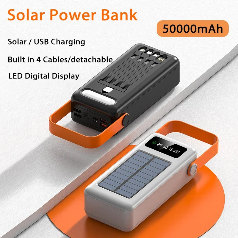 Solar Power Bank Charger 50000mAh Large Capacity Built in Cable Portable Solar Charging External Battery Packy for iPhone Xiaomi