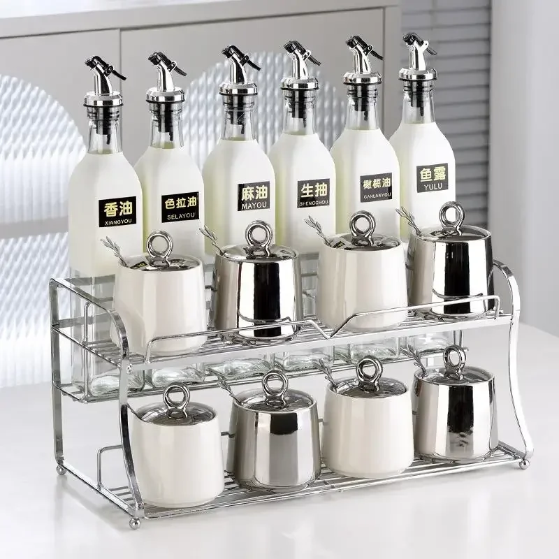 

Complete Set of Household Combination Seasoning Jars, Ceramic with Knife Storage Rack, Kitchen Supplies Seasoning Jars