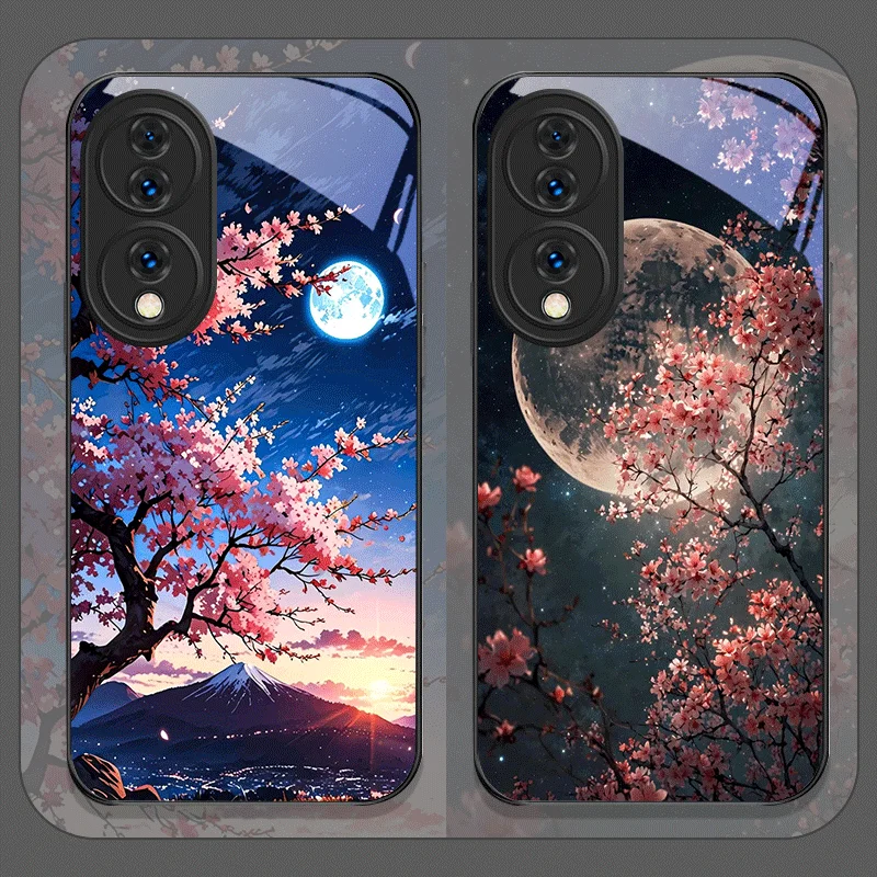 Coque de téléphone en verre trempé motif rétro Lune et fleurs de cerisier pour Huawei Honor 400 200 Lite 100 Pro 90 SE GT Magic 7 6 5 Pro