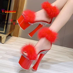 2025 Summer Fashion Fur Women Sandals Peep Toe High Heel 18CM Shoes Elegant Platform Female Red Thick Heel Party Shoes Sandals