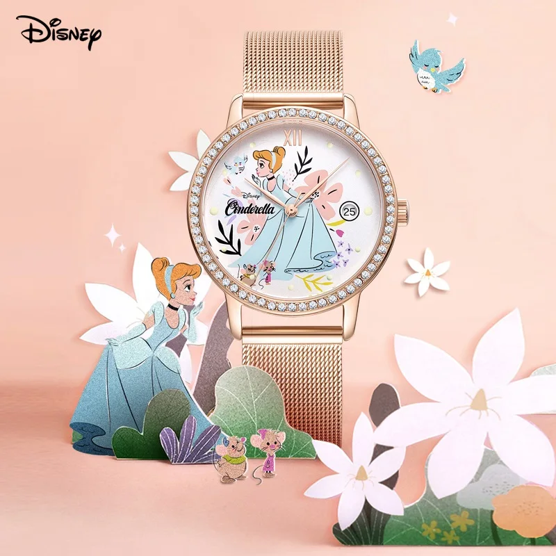 Disney Cinderella Women Bling Crystone Casual Young Lady Quartz Wristwatch Date Female Princess Cartoon Pretty Relogio Feminino