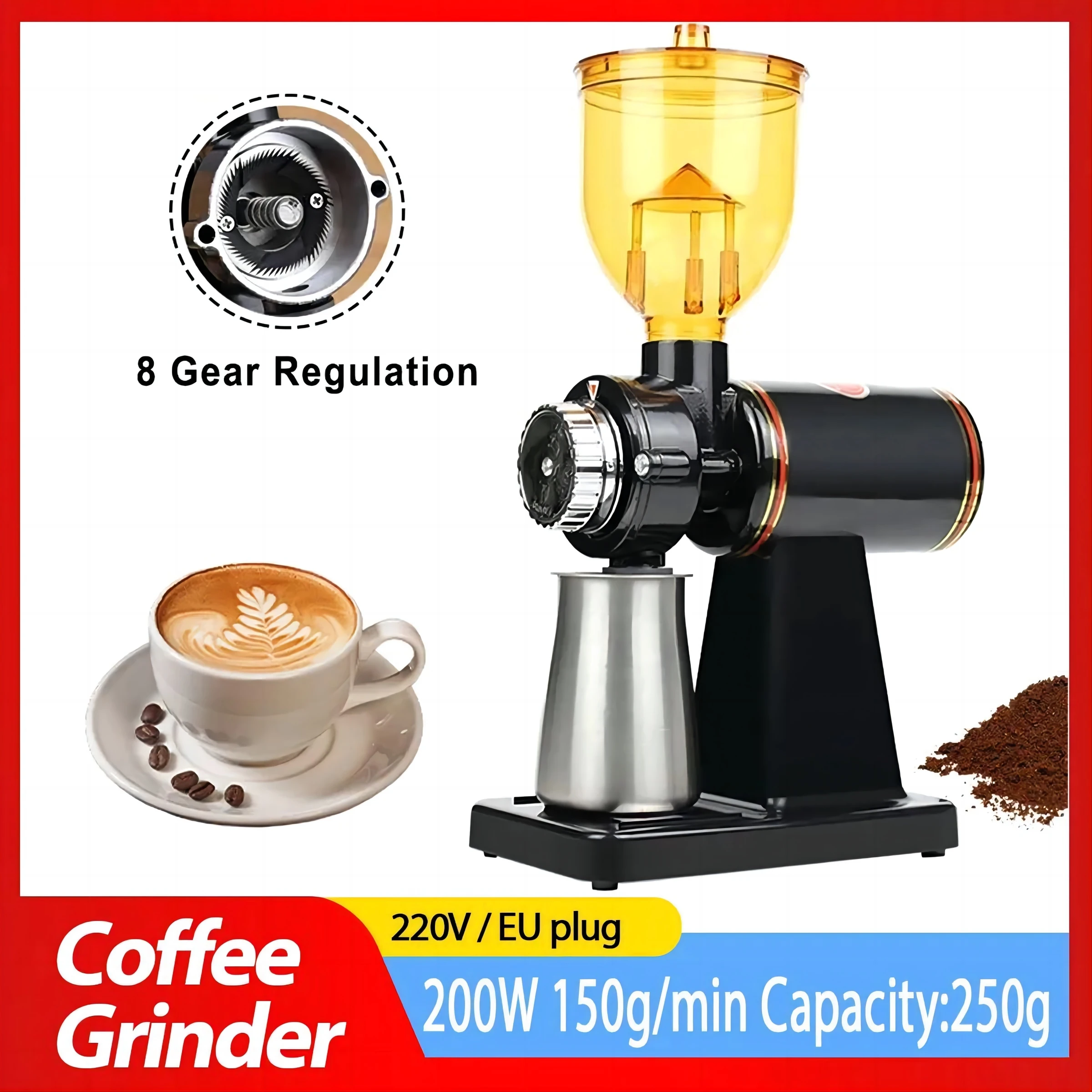 220V Electric Coffee Grinder Stainless Steel Coffee Beans Grinder Automatic Detachable 8 File Adjustable Plane Burr Grinder