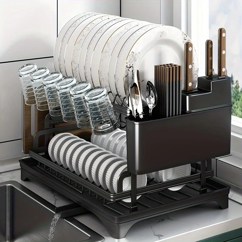 

2 Tier Dish Drying Rack Kitchen Bowl Drainer Storage Rack Tableware Drain Chopsticks Knife Fork Water Cup Storage Holder