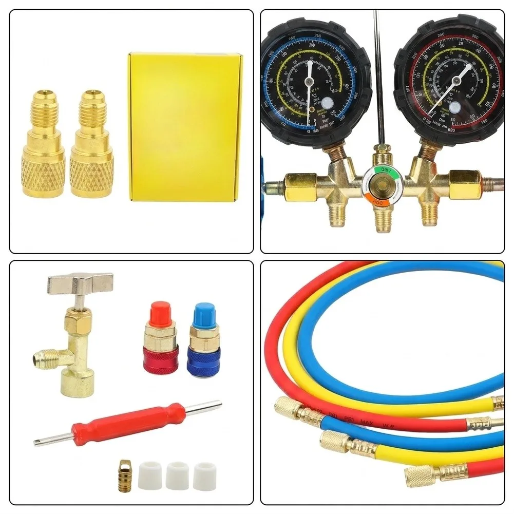 AC Manifold Gauge Set 536 Alloy Dual Pressure -30 To 800 PSI With Sight Glass Red Blue Hoses For HVAC Refrigerant Charging Testi